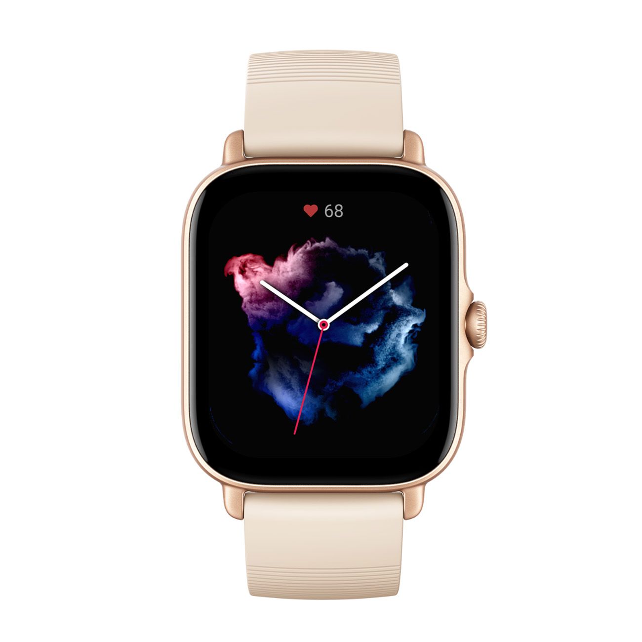 Goldfarbene Smartwatch mit cremefarbenem Armband. Das Display zeigt eine farbige Grafik und Herzfrequenz. Seitliche Taste.