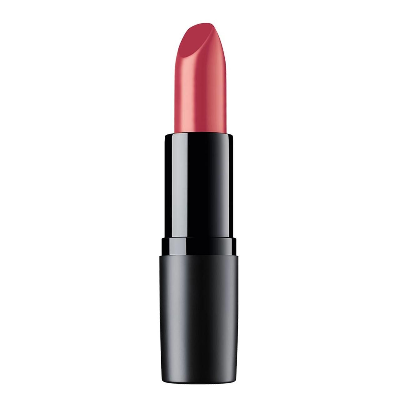 Rosafarbener Lippenstift in schwarzem Gehäuse. Auf weißem Hintergrund.
