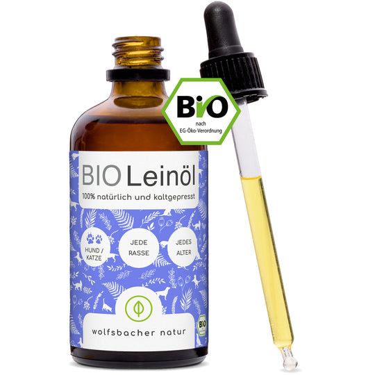 Braune Glasflasche BIO Leinöl mit Tropfer. Bio-Siegel. Text: 100% natürlich und kaltgepresst. Für Hunde/Katzen, jede Rasse, jedes Alter.
