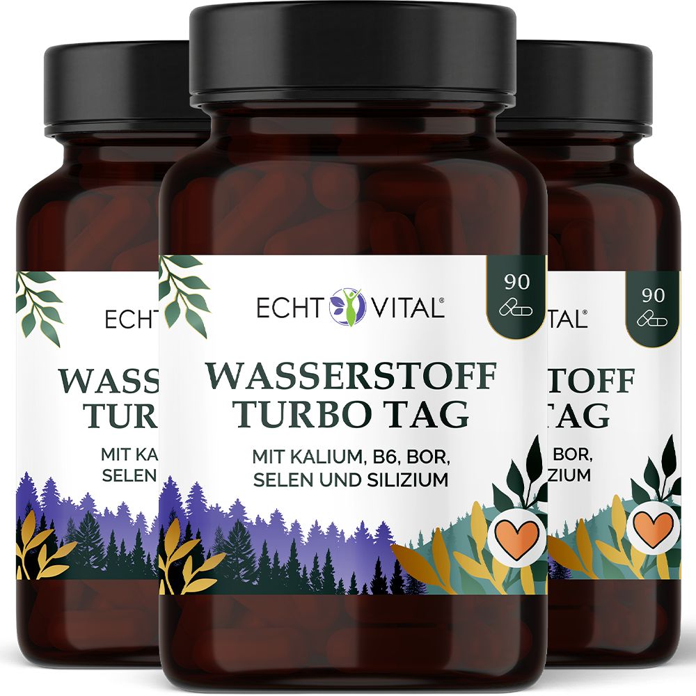 Drei Braunglasflaschen mit schwarzen Deckeln, gefüllt mit Kapseln. Das Etikett zeigt 'Echt Vital Wasserstoff Turbo Tag'.