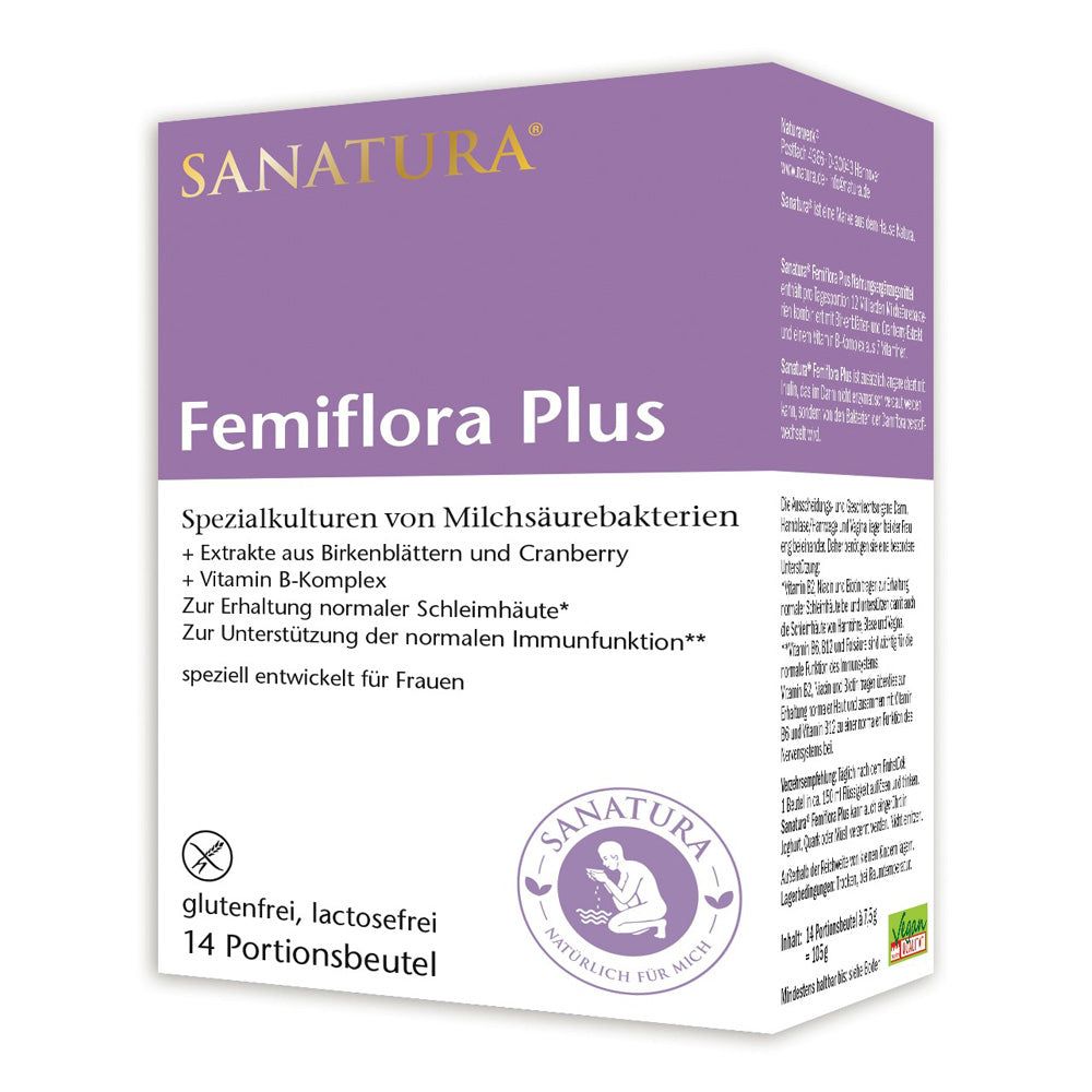 Lila Schachtel mit Aufschrift "SANATURA Femiflora Plus". Enthält 14 Portionsbeutel. Glutenfrei und lactosefrei.