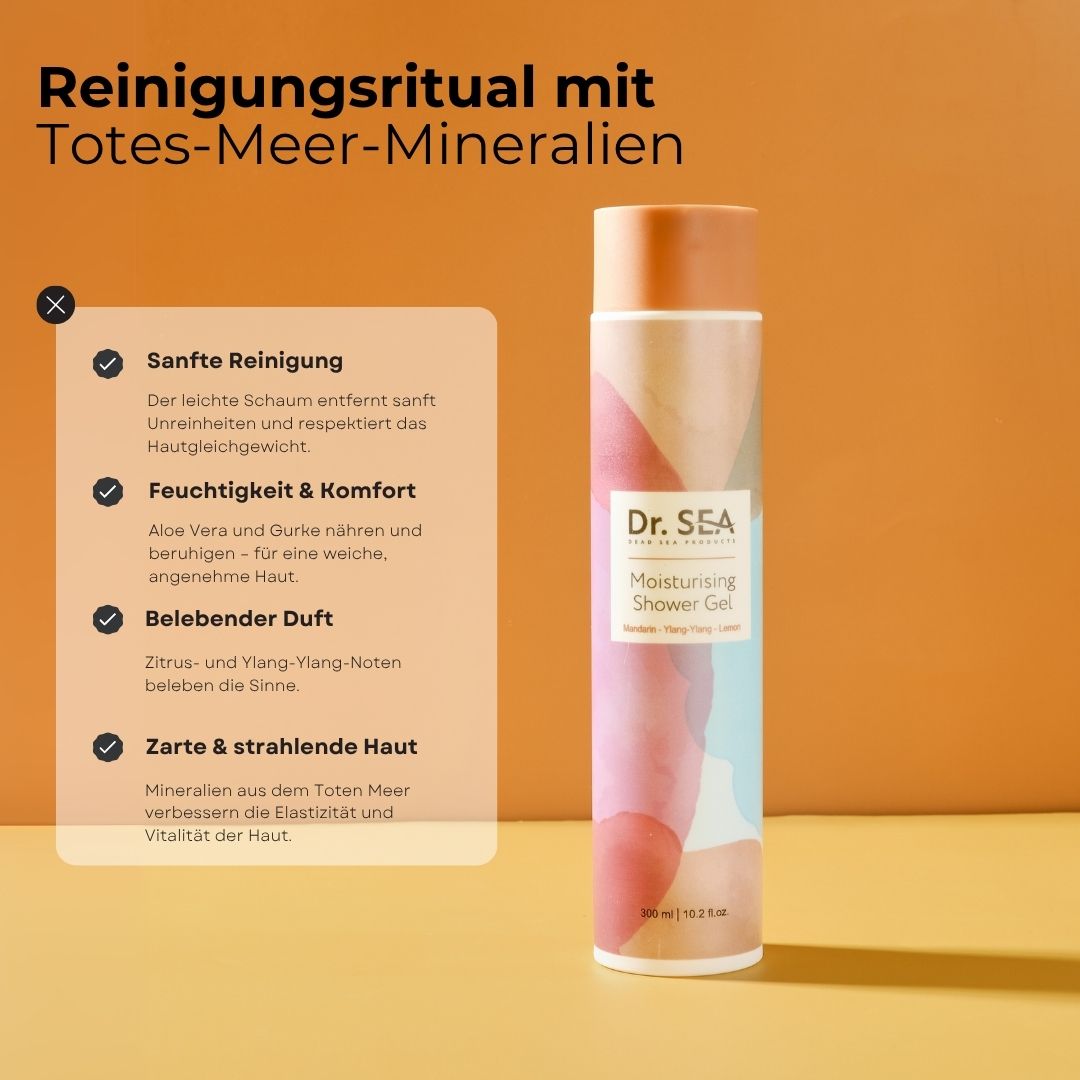 Orangefarbener Hintergrund mit Text und Produkt. Dr. SEA Duschgel, Text über Reinigung, Feuchtigkeit, Duft. Produkt mit rosa, blauem Farbverlauf.
