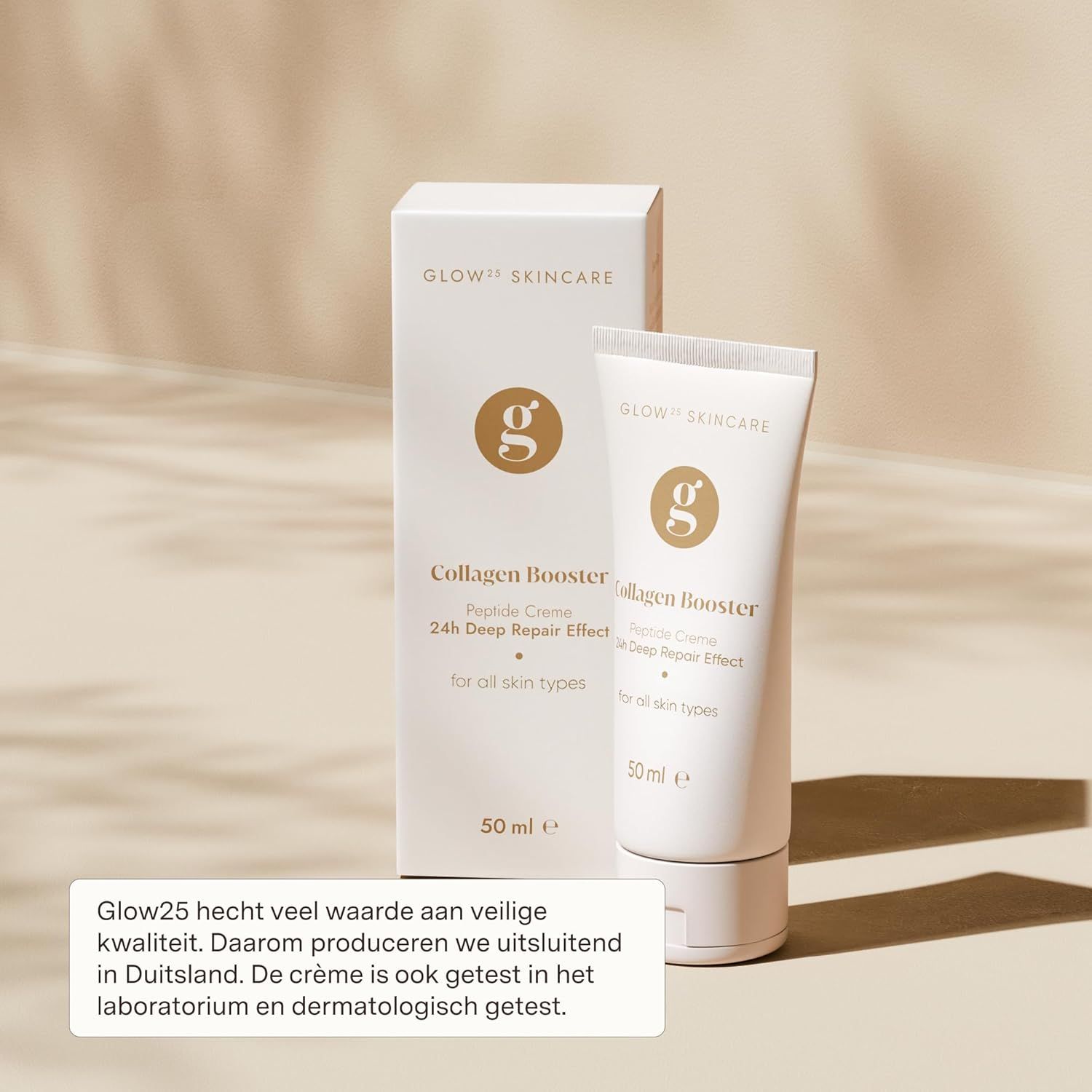 Witte tube en doos met "Glow Skincare Collagen Booster". De tube bevat 50 ml crème. Op de verpakking staat "Firming Peptide Face Cream" en "for all skin types".