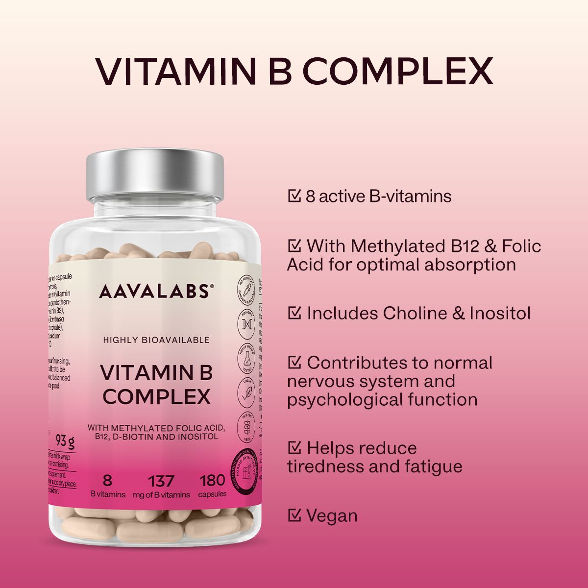 Flasche mit Kapseln. AAVALABS Vitamin B Komplex. 8 B-Vitamine. Rosa Hintergrund mit Text.