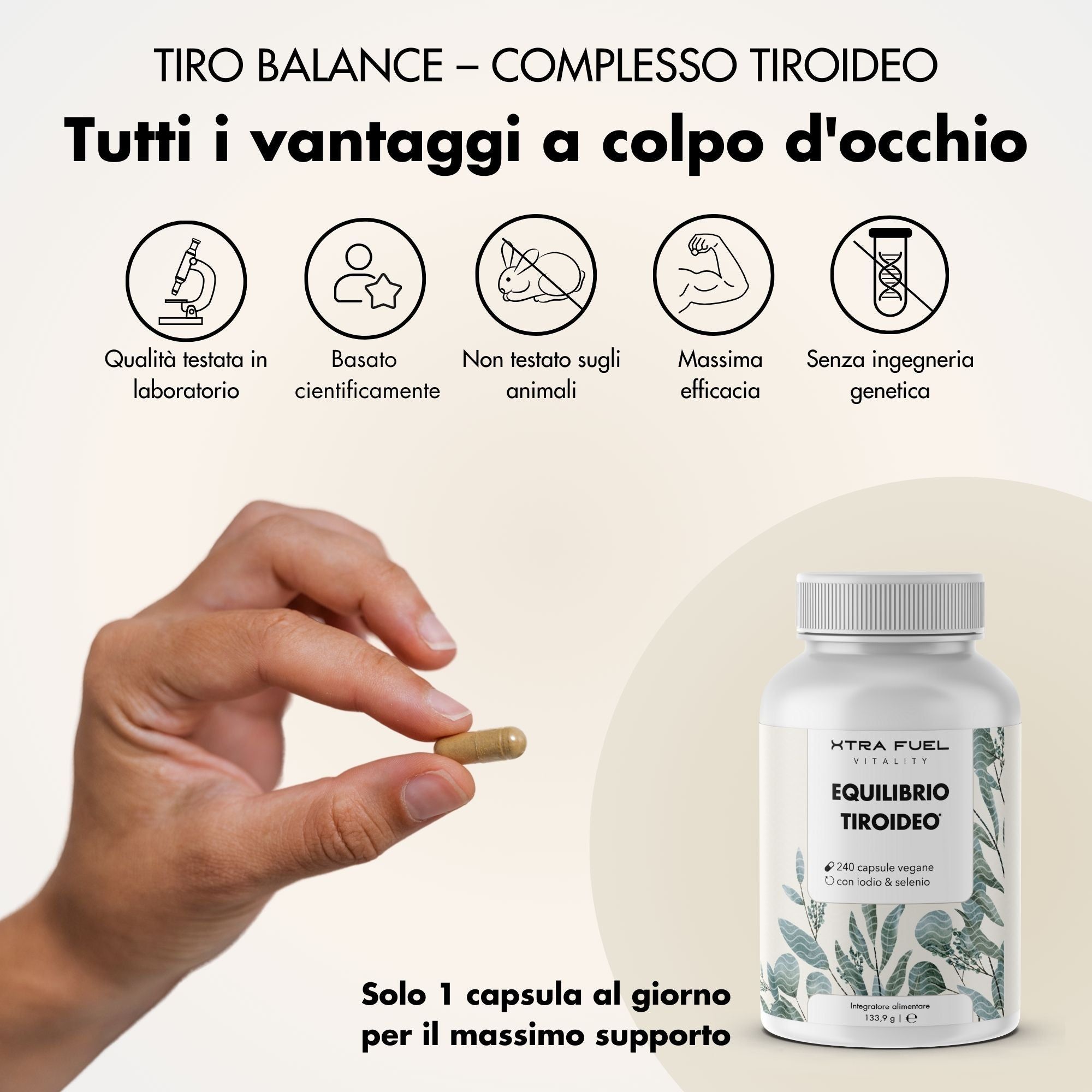 Mano che tiene una capsula. Flacone con scritta: Equilíbrio Tiroideo, 240 capsule. Testo: Solo 1 capsula al giorno.