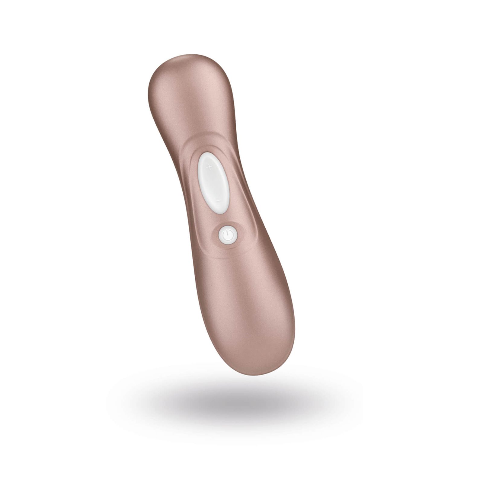 Vibratore rosa. Forma ovale con due pulsanti bianchi. Parte superiore con elemento bianco.