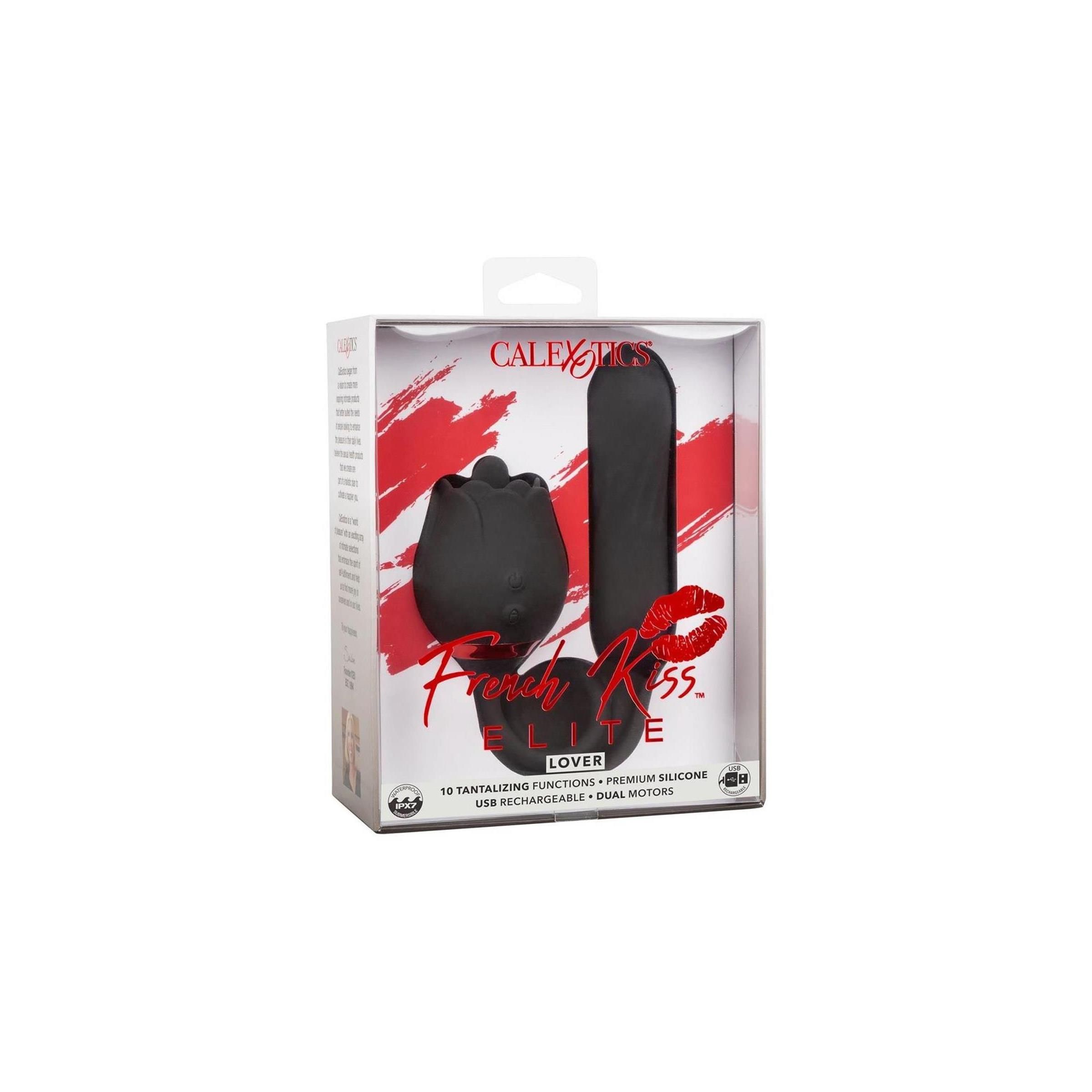 Schwarzes Wellness-Produkt in Verpackung. Text: French Kiss Elite Lover, 10 Funktionen, Premium-Silikon, USB-Aufladung, Dual-Motoren.