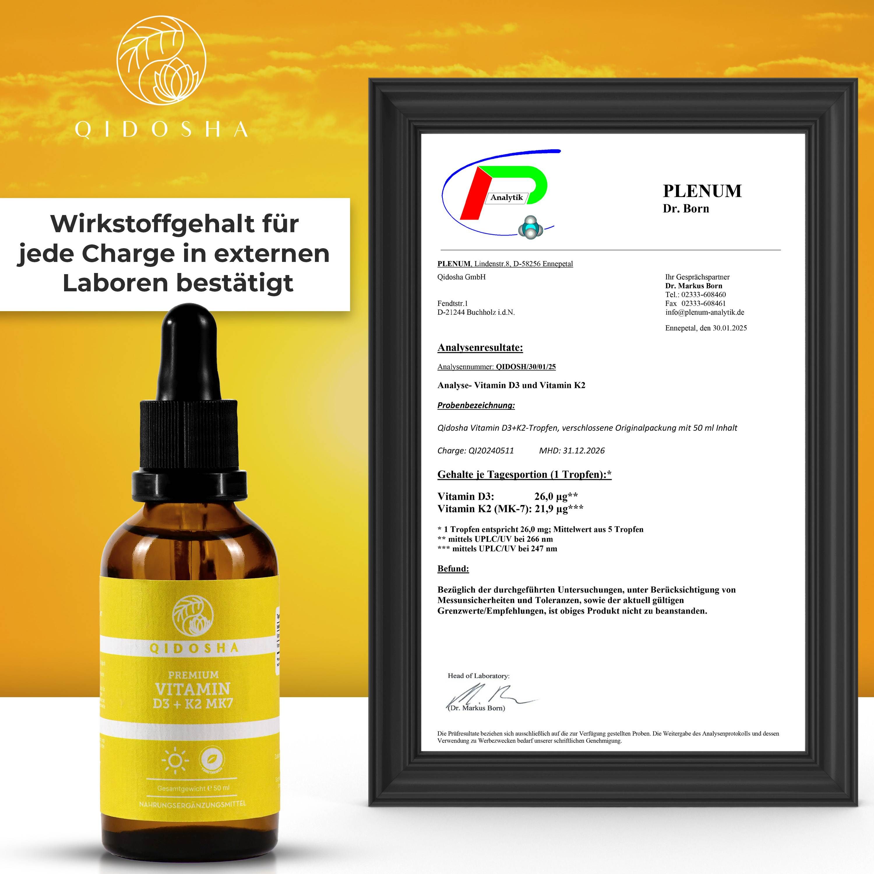 QIDOSHA Vitamin D3+K2 Tropfen: Flasche mit Pipette neben einem externen Laborbericht (PLENUM Dr. Born).