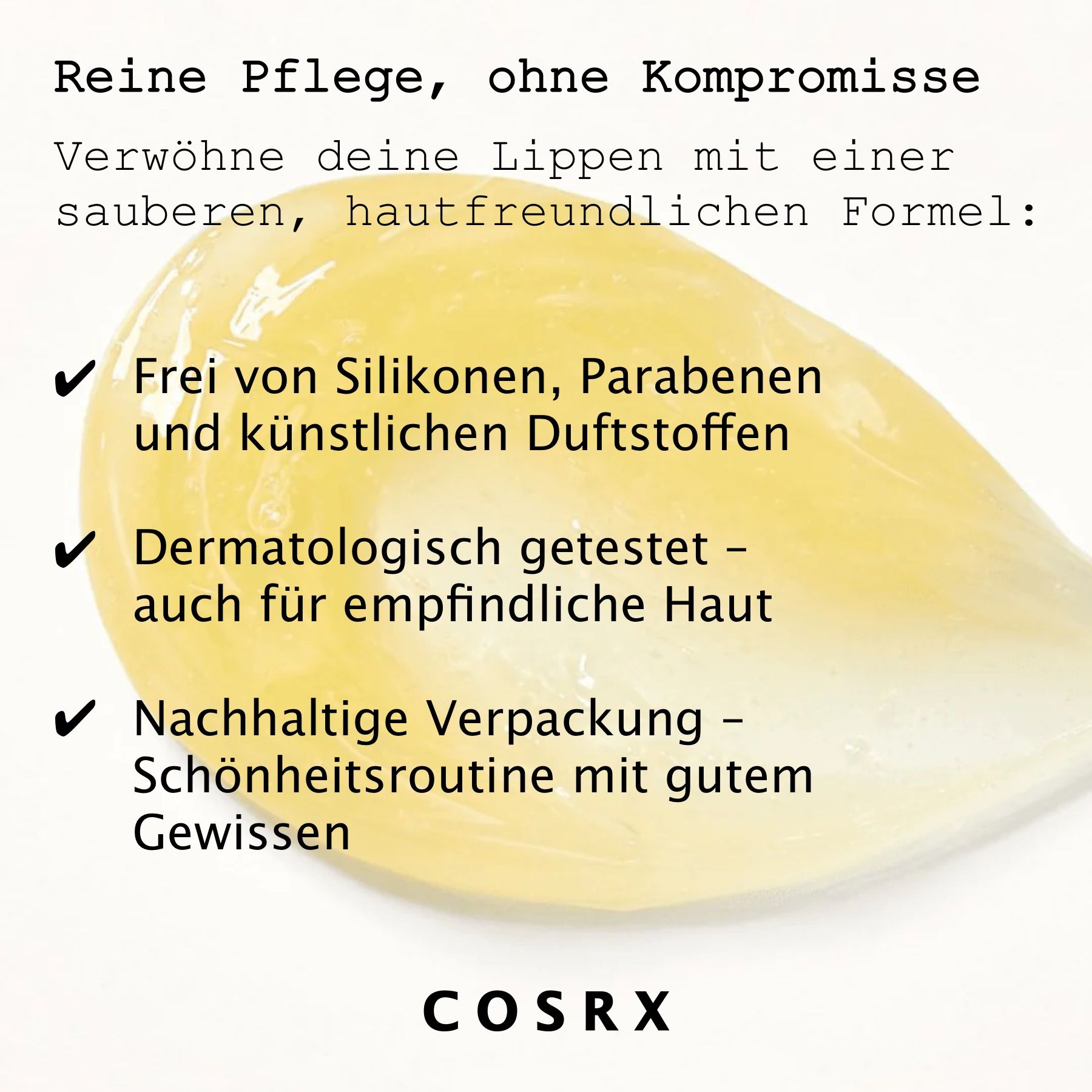 Nahaufnahme der gelben Creme. Text mit Produktnamen und Marke. Drei grüne Häkchen. Text über Inhaltsstoffe.