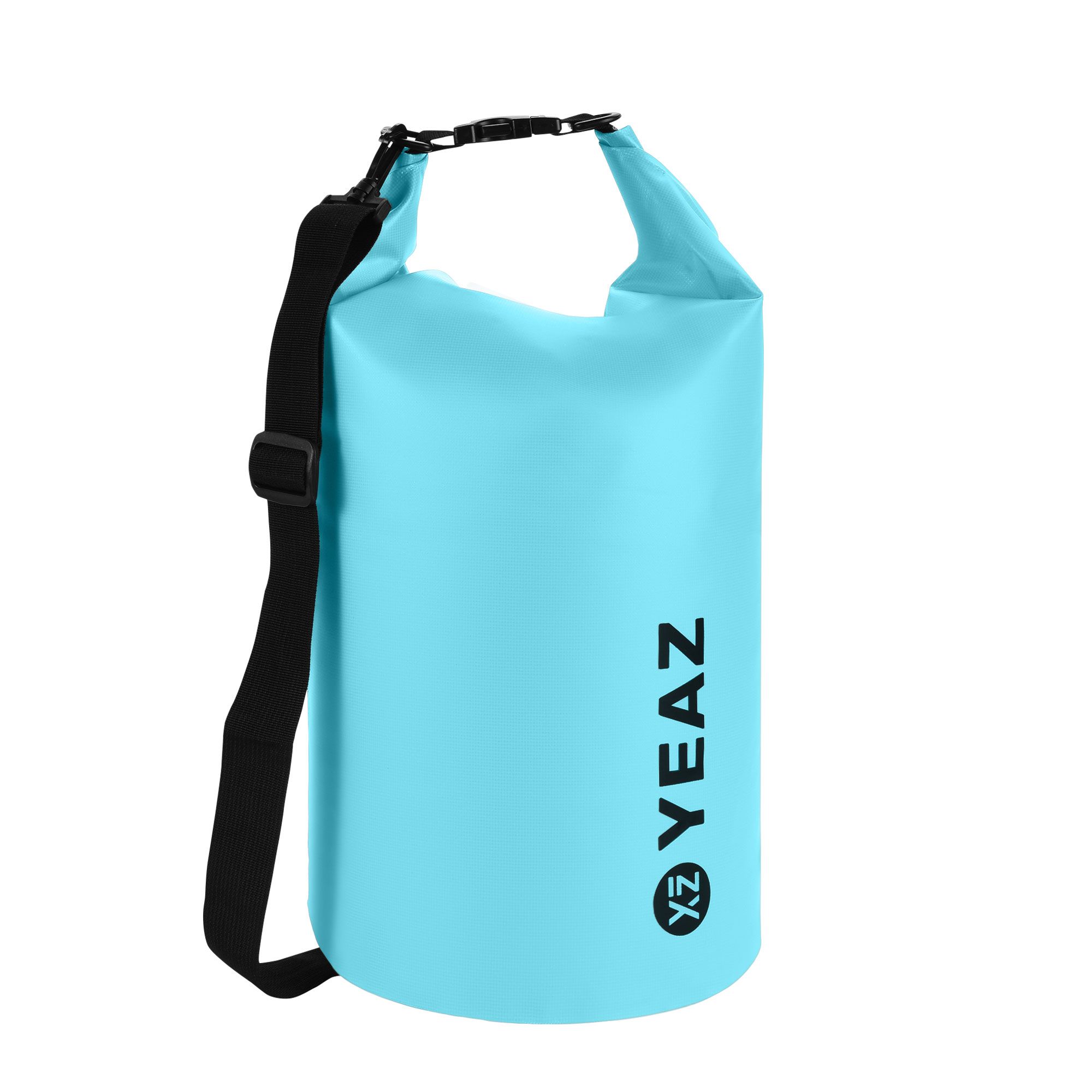 Hellblauer Packsack mit schwarzem Schultergurt. Aufgedrucktes Logo: YEAZ.