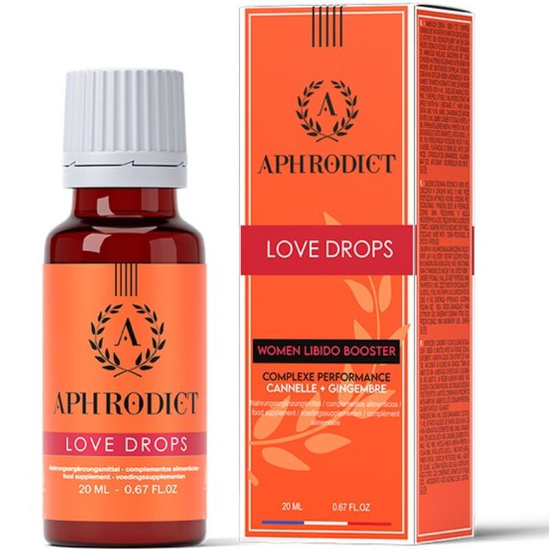 Braune Flasche mit weißem Deckel und orangefarbener Verpackung. Aufschrift: APHRODICT LOVE DROPS, WOMEN LIBIDO BOOSTER.