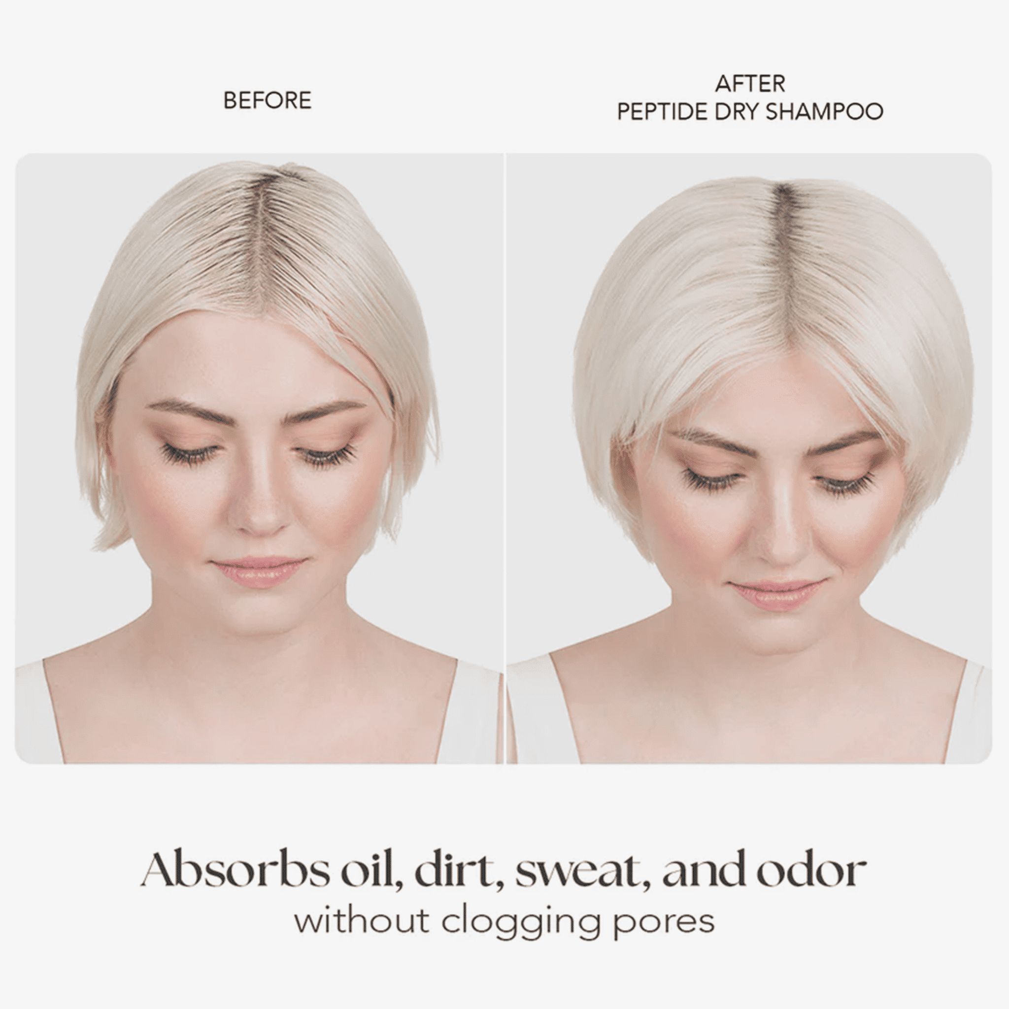 Vorher-Nachher-Vergleich. Frau mit blondem Haar vor und nach der Anwendung von Peptide Dry Shampoo. Absorbiert Öl, Schmutz, Schweiß und Geruch.