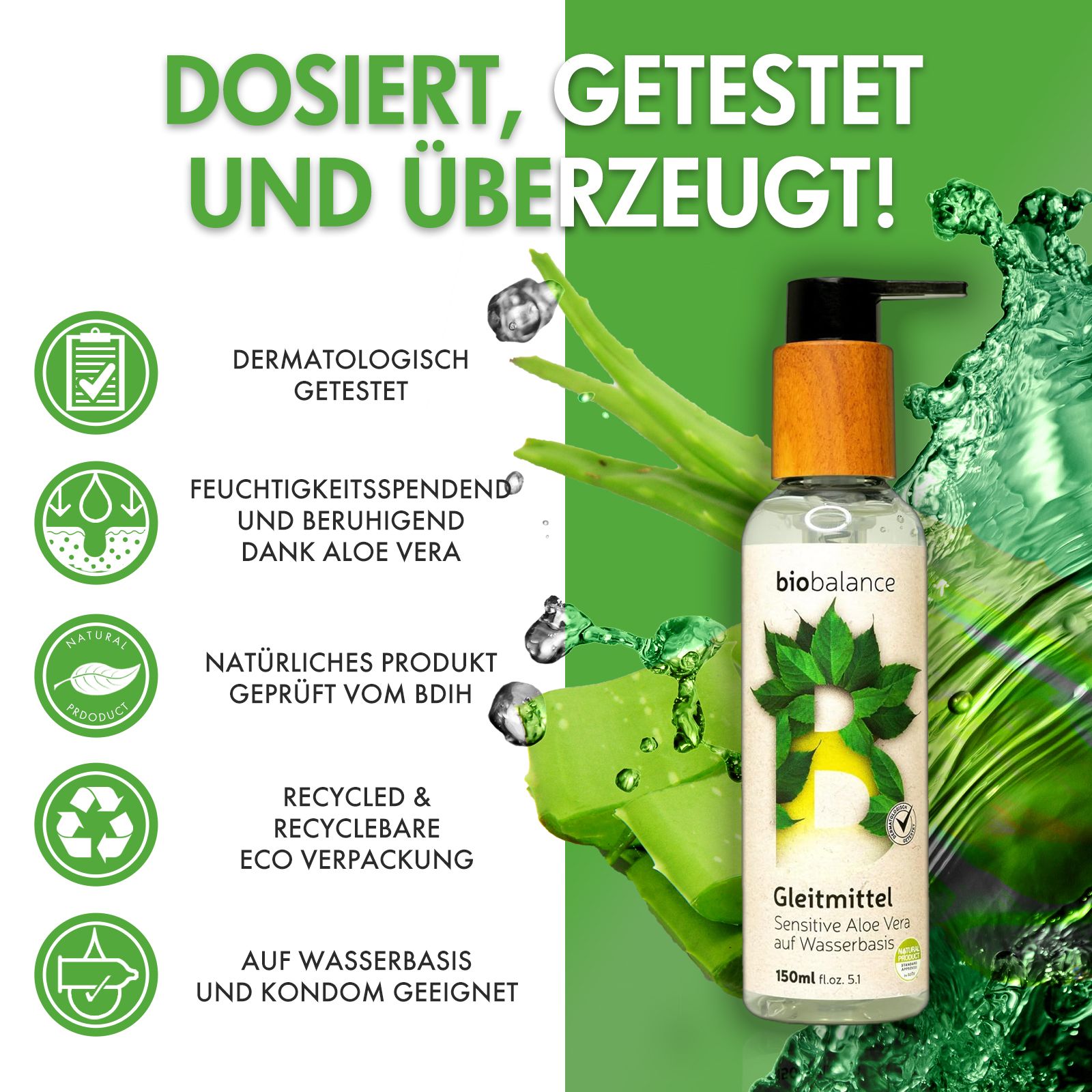BIO BALANCE Gleitmittel Flasche mit Text und Logos. Aufschrift: Sensitive Aloe Vera auf Wasserbasis. Logos.