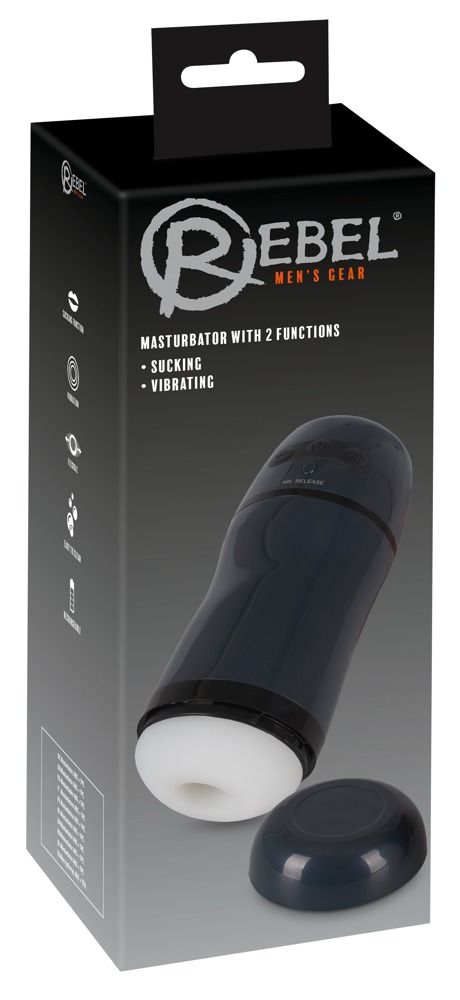Verpackung mit Produktabbildung. Text: 'Rebel Men's Gear', 'Masturbator with 2 Functions', 'Sucking', 'Vibrating'.