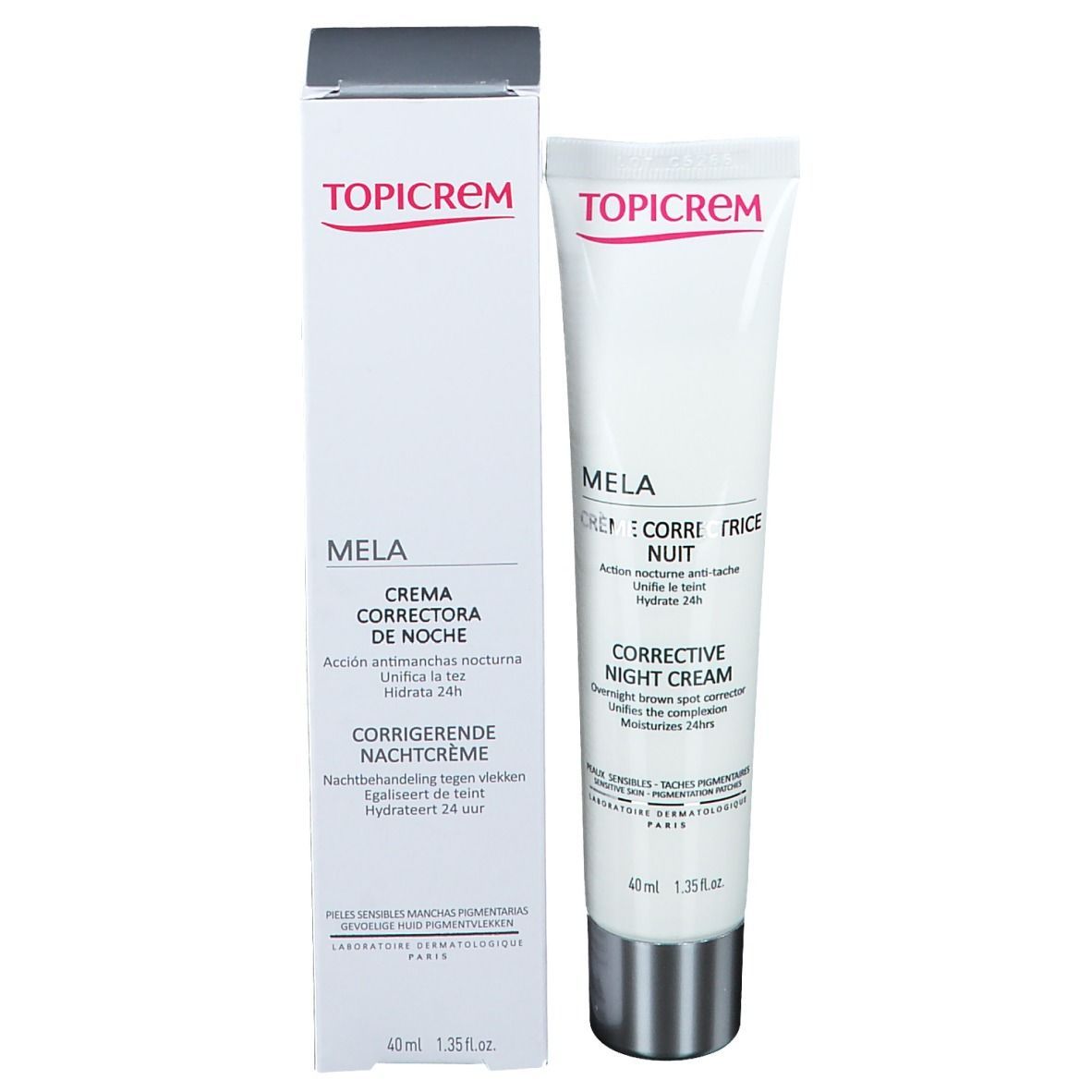 TOPICREM MELA crème de nuit avec emballage. Tube et boîte. Texte: MELA, Corrective Night Cream.