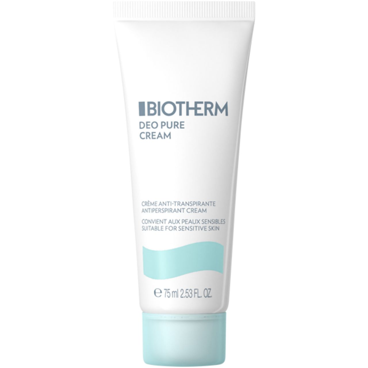 BIOTHERM Deo Pure Creme Tube. Weiß, mit blauem Deckel. Text: BIOTHERM, Deo Pure Creme, Crème anti-transpirante, 75 ml.
