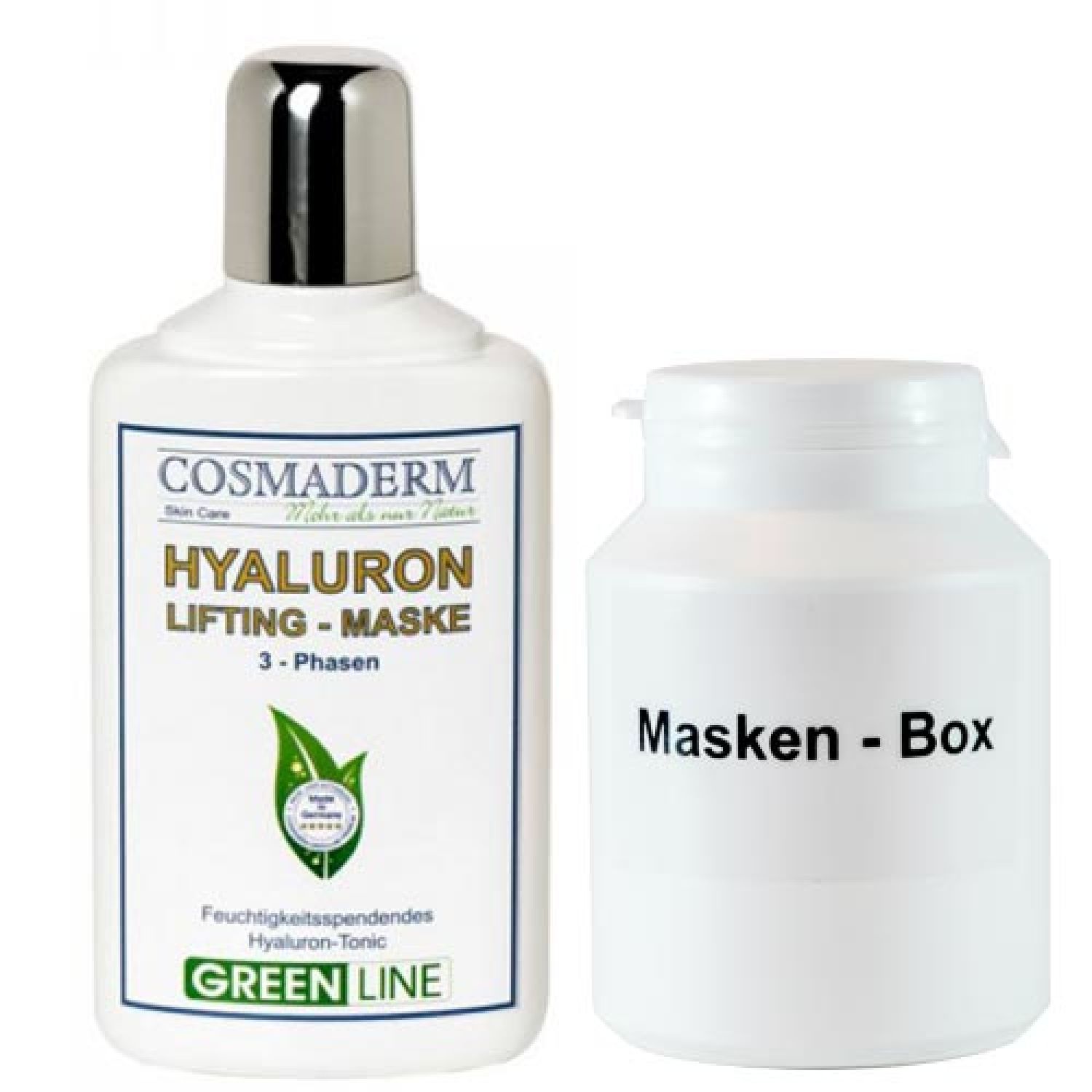 Weiße Flasche mit silbernem Deckel und weißer Dose. Auf der Flasche steht "COSMADERM HYALURON LIFTING-MASKE". Auf der Dose steht "Masken - Box".