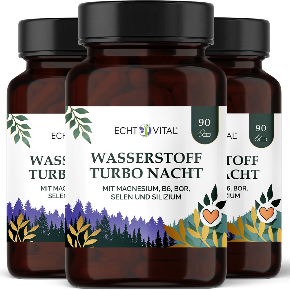 Drei Flaschen Echt Vital Wasserstoff Turbo Nacht mit 90 Kapseln.