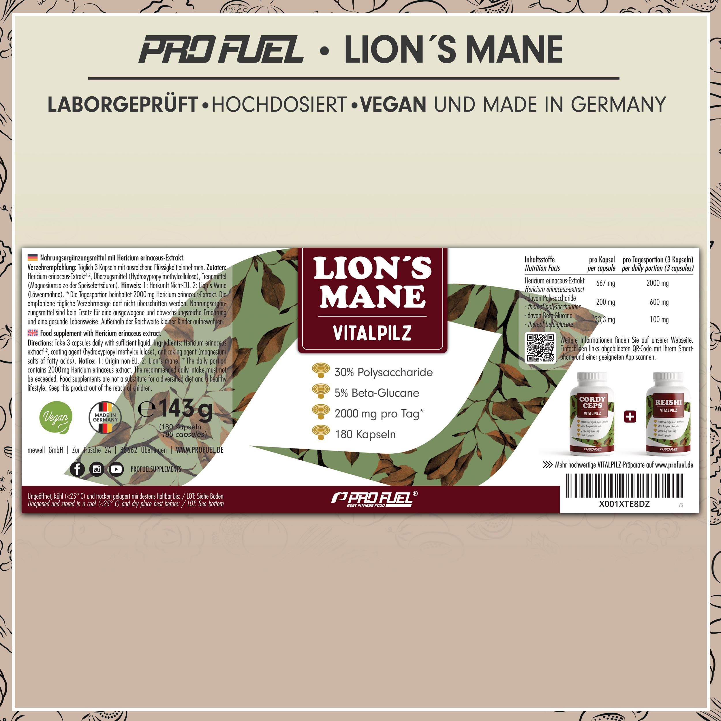 Verpackung von Lion's Mane Vitalpilz. 180 Kapseln. 2000 mg pro Tag. 30% Polysaccharide, 5% Beta-Glucane. Vegan. Made in Germany.