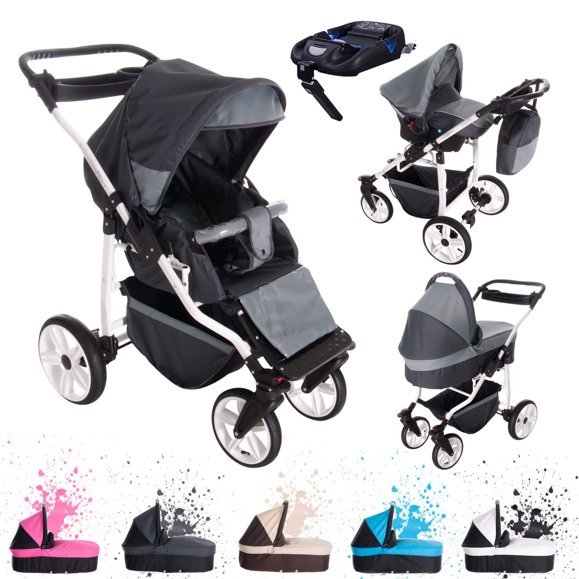 Bebebi Zürich 4 in 1 Kinderwagen Komplettset ISOFIX Basis Hartgummireifen, Pilatus