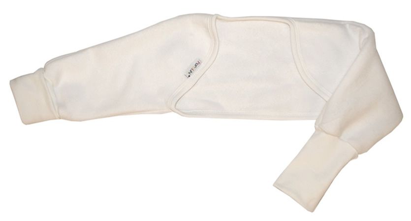 Cremefarbene Bolero-Schlafsackärmel. Langärmlig mit Bündchen. Kleines Logo. Bio-BW.