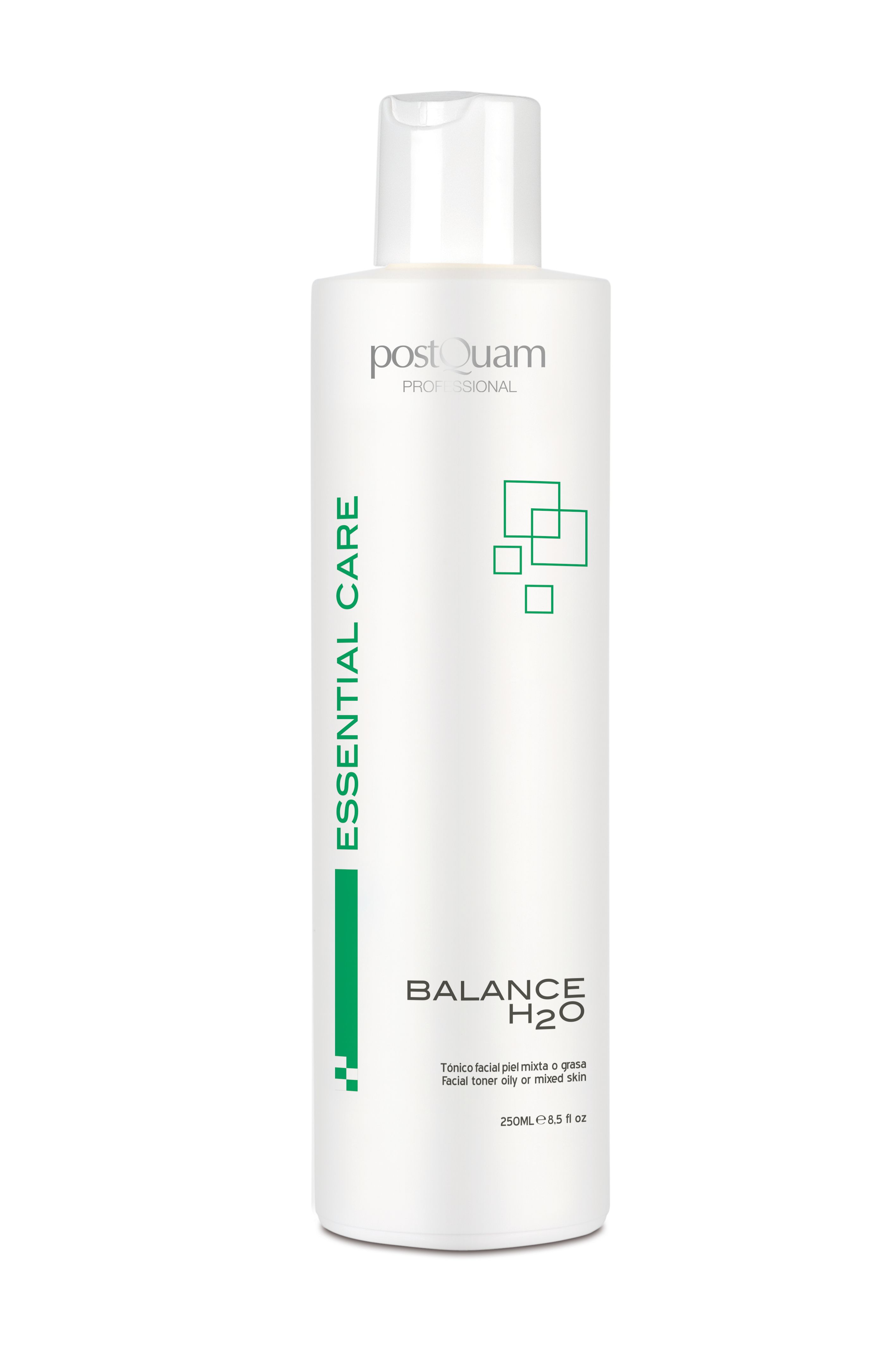 Weiße Flasche mit Klappverschluss. Aufschrift: postQuam, Essential Care, Balance H2O. Für Mischhaut.