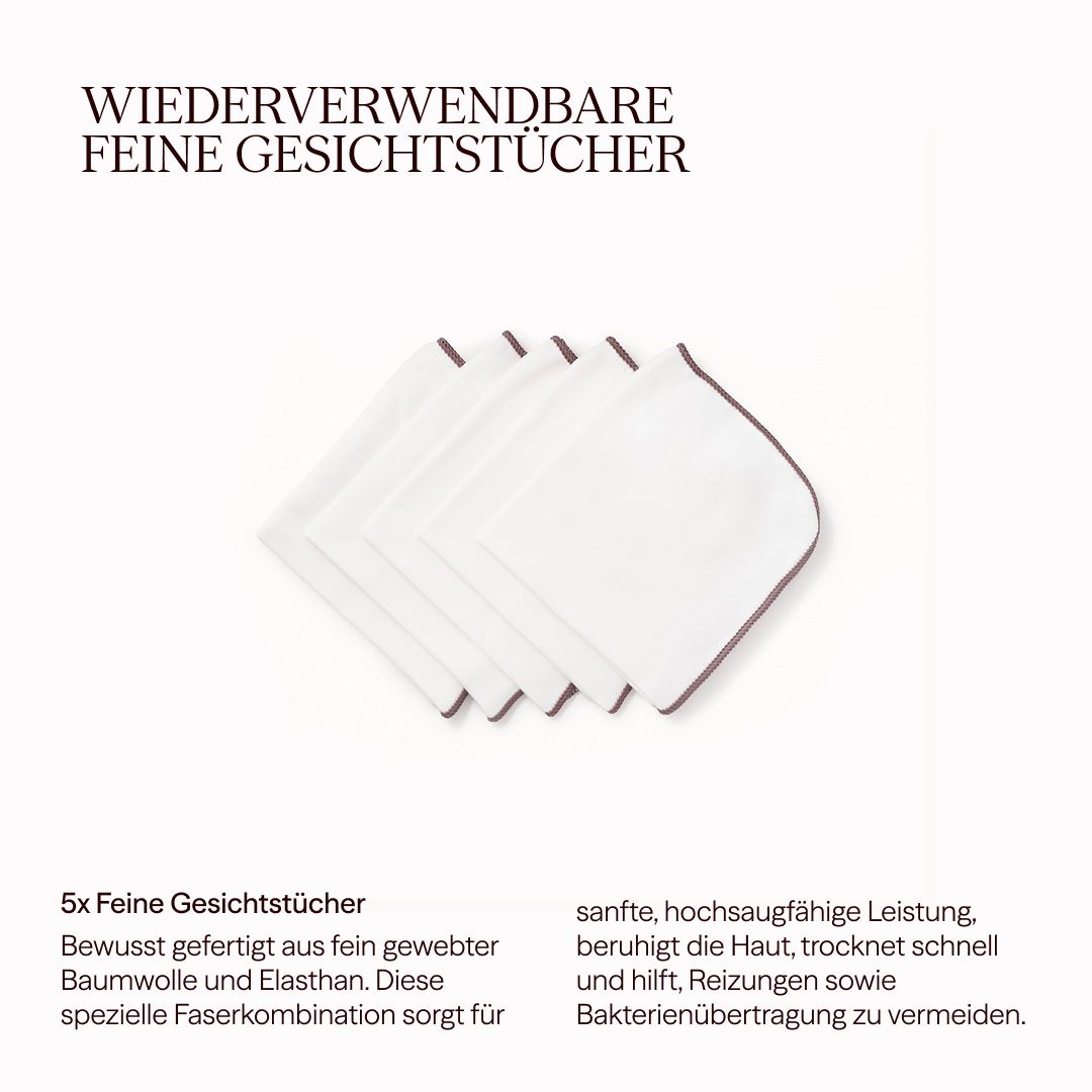 Fünf weiße Gesichtstücher mit brauner Umrandung. Text: 5x Feine Gesichtstücher.