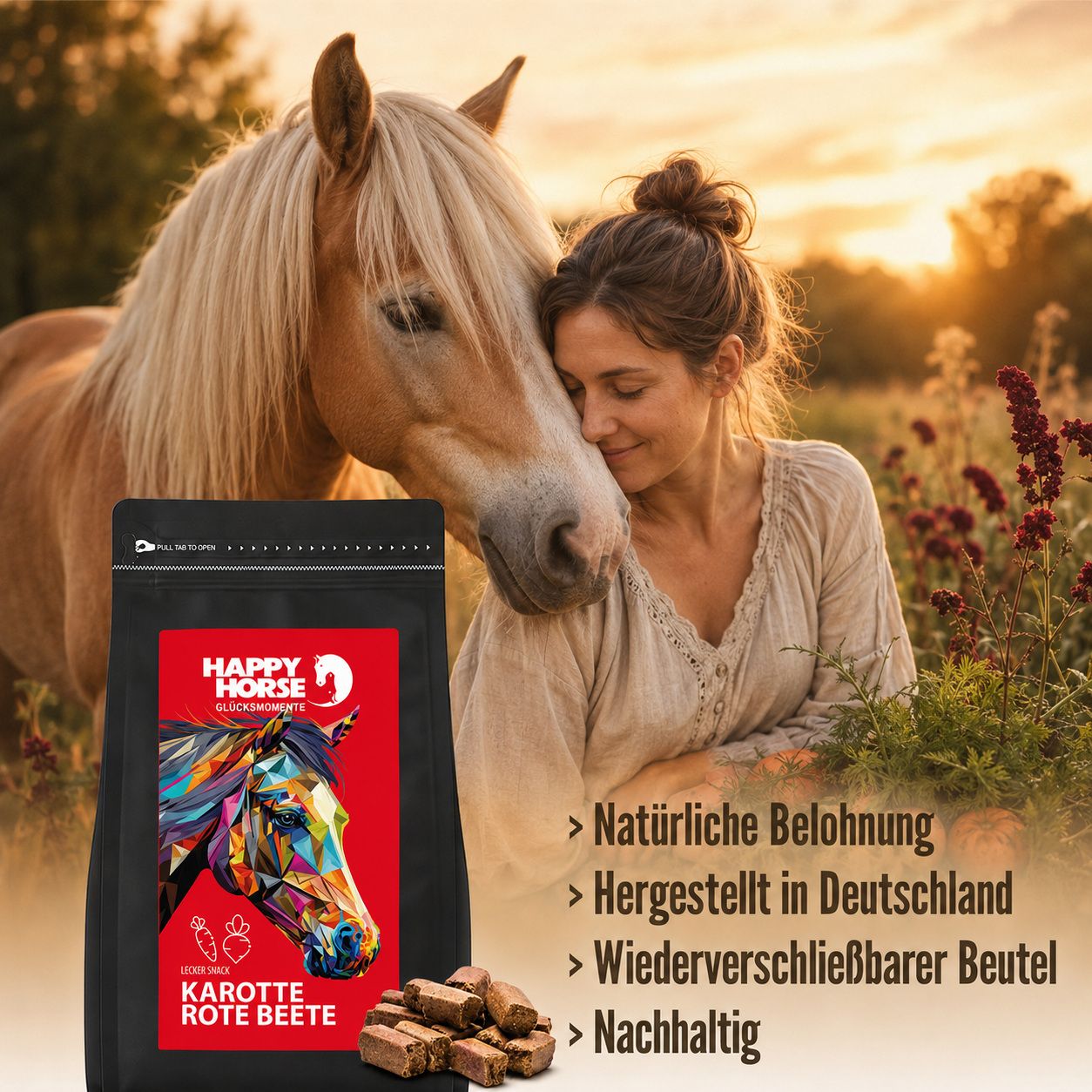 Frau streichelt Pferd neben einem Beutel Happy Horse Lecker Snack Karotte Rote Beete und Snacks.