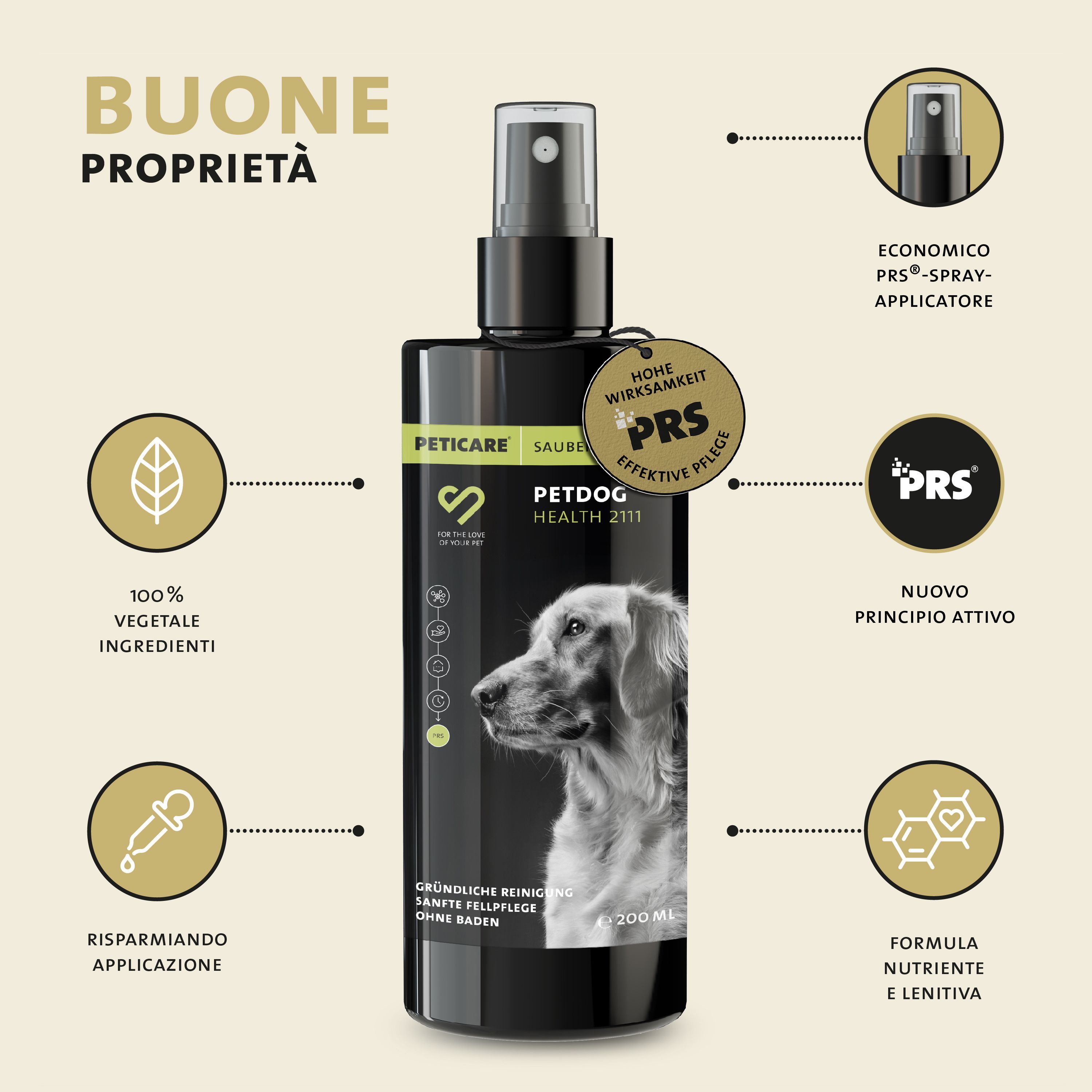 Schwarze Sprühflasche mit Etikett. Text: Petdog Health 2111. Goldene Akzente.