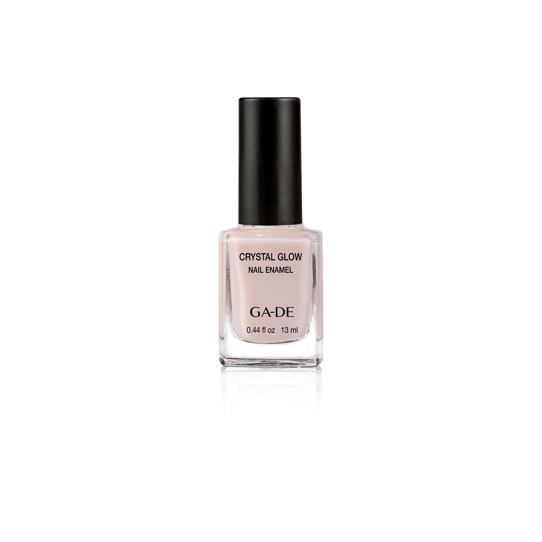 Ga-De Crystal Glow Nagellack, rosa, in einer quadratischen Glasflasche mit schwarzem Deckel. Aufschrift: Crystal Glow Nail Enamel.