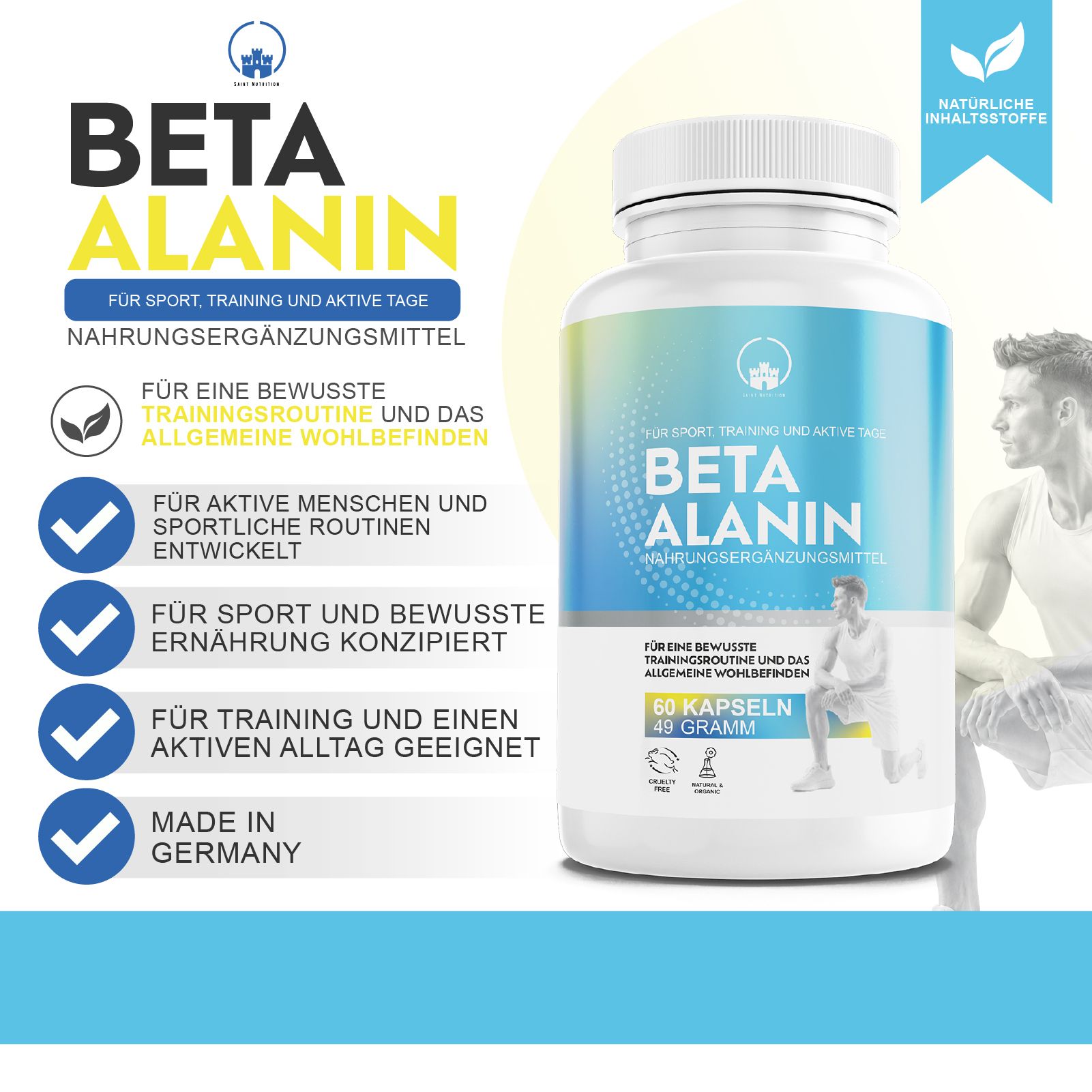 Produktverpackung mit Flasche. Text: Beta Alanin, Nahrungsergänzungsmittel. 60 Kapseln, 49 Gramm. Für Sport, Training und aktive Tage.