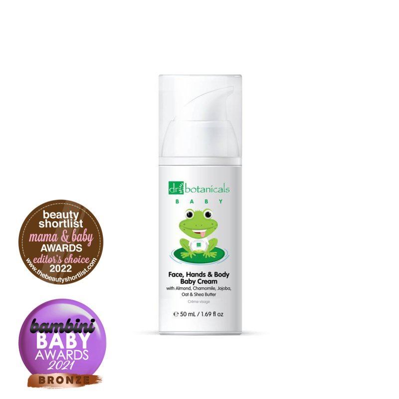 Dr. Botanicals Babycreme mit Frosch-Motiv und Auszeichnungen 'Mama & Baby Awards' und 'Bambini Baby Awards'.