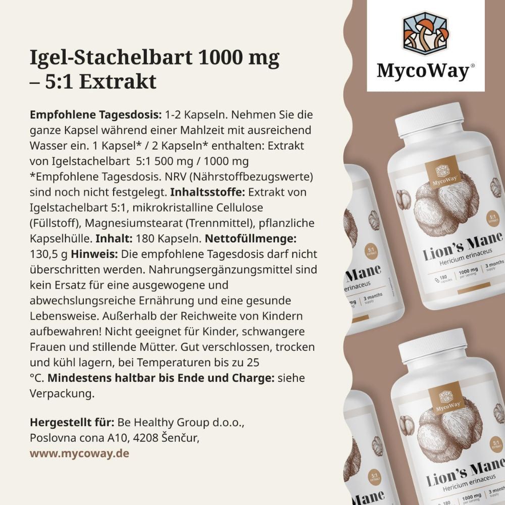 Mehrere Flaschen mit Lion's Mane. Text: Igel-Stachelbart 1000 mg - 5:1 Extrakt. Marke: MycoWay.