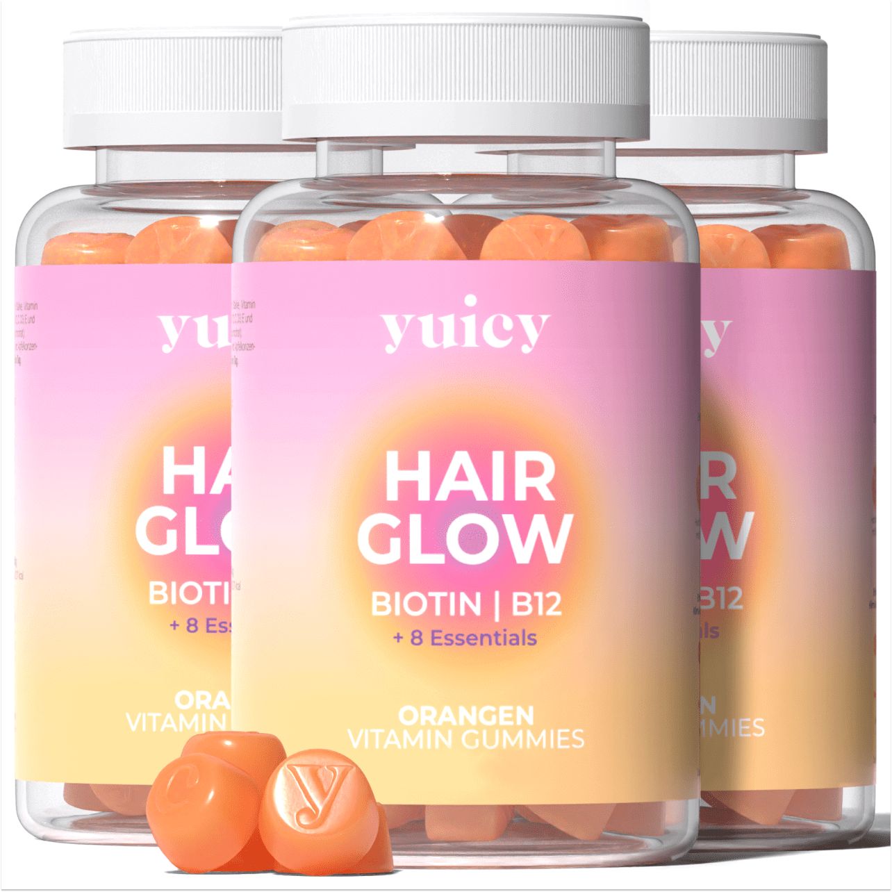 Drei Flaschen mit orangefarbenen Gummies. Aufschrift: Hair Glow, Biotin, B12, 8 Essentials. Orangen Vitamin Gummies.