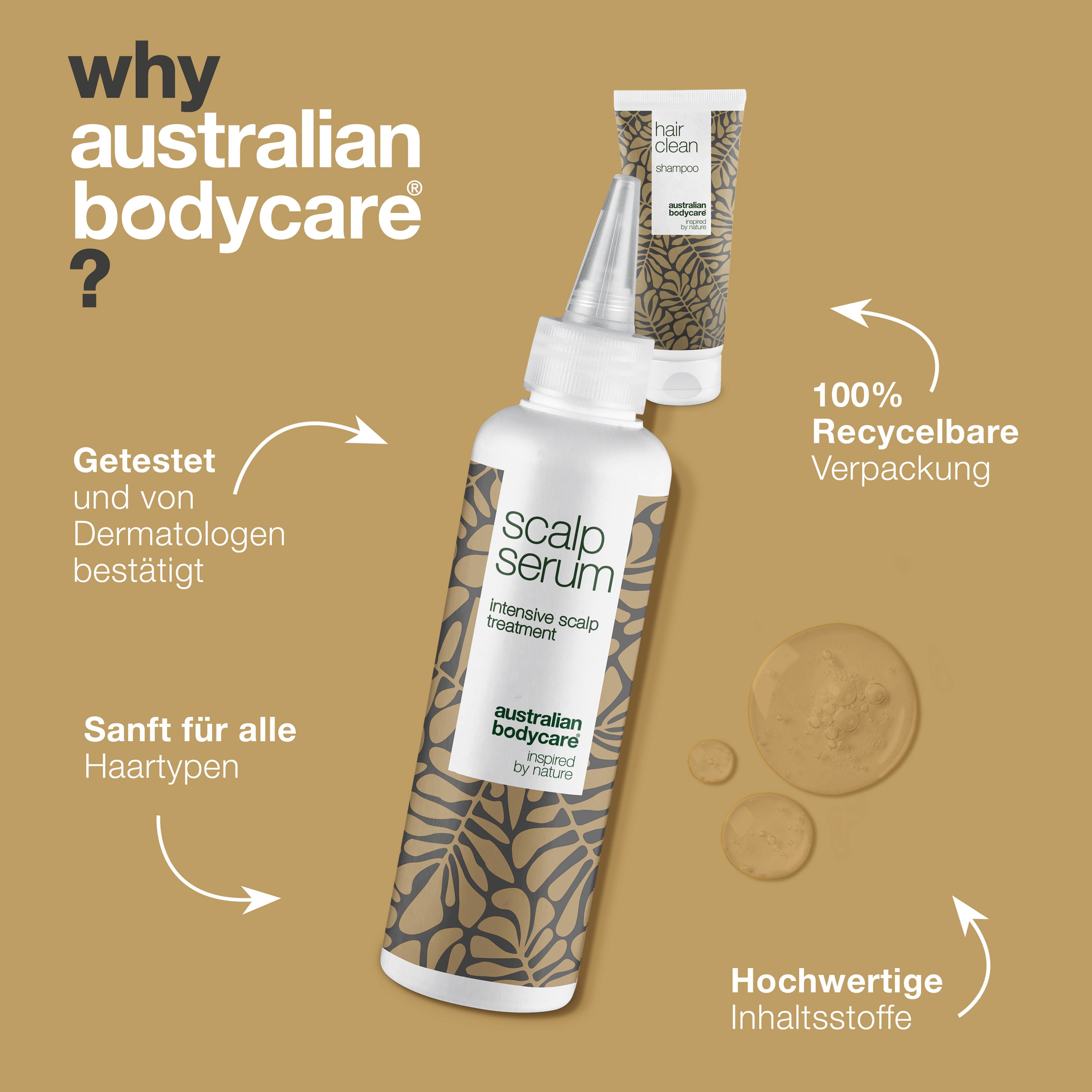 Produktabbildung: Kopfhautserum und Shampoo. Text: 100% recycelbare Verpackung, hochwertige Inhaltsstoffe.