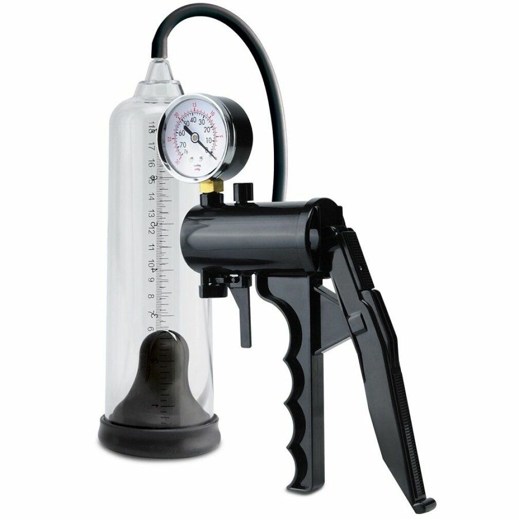 Vakuumpumpe mit Messskala und Manometer. Schwarzer Griff und Zylinder. Schwarzer Schlauch verbindet Zylinder und Pumpe.