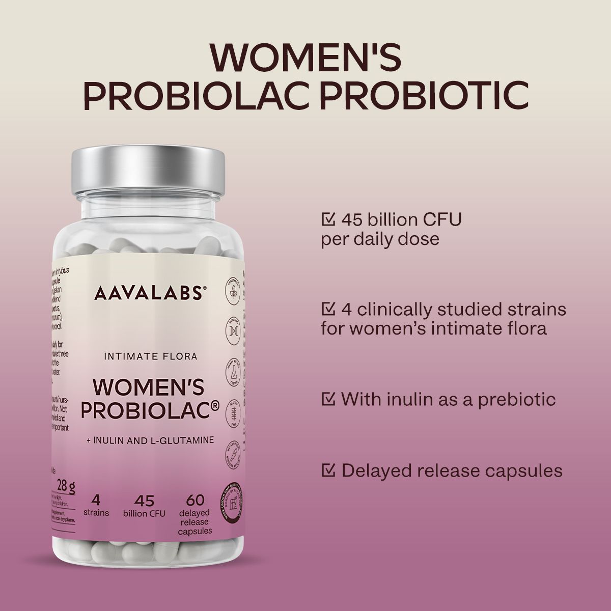 Aavalabs Women's Probiolac. Flasche mit Kapseln. Text: 45 Mrd. KBE, 4 Stämme, Inulin, verzögerte Freisetzung.