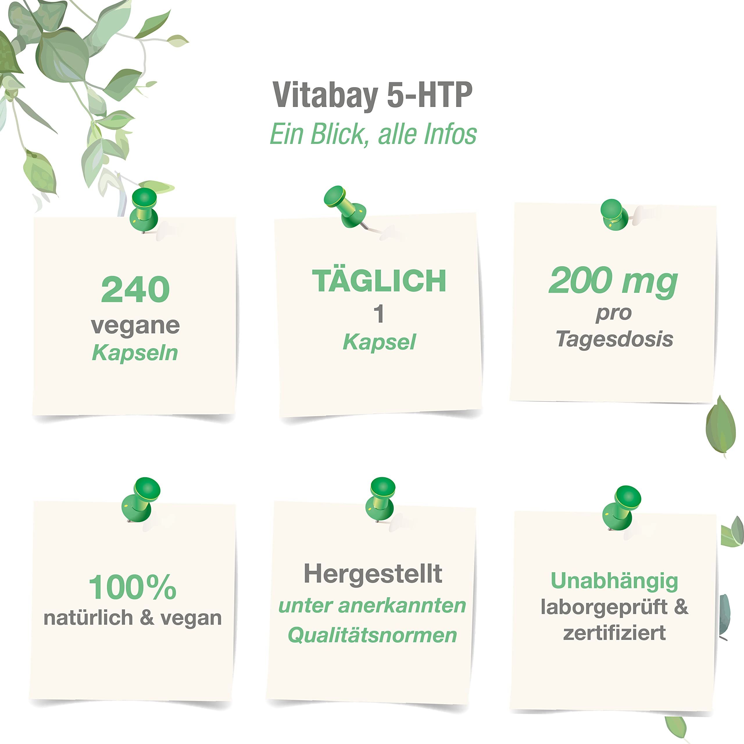 Notizen mit Informationen zu 5-HTP-Kapseln: 240 vegane Kapseln, 1 Kapsel täglich, 200 mg pro Tagesdosis, 100% natürlich & vegan.