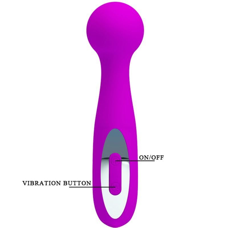 Lila Massager mit abgerundetem Kopf und Griff. Silberfarbener Knopf mit Beschriftung: ON/OFF und Vibration Button.