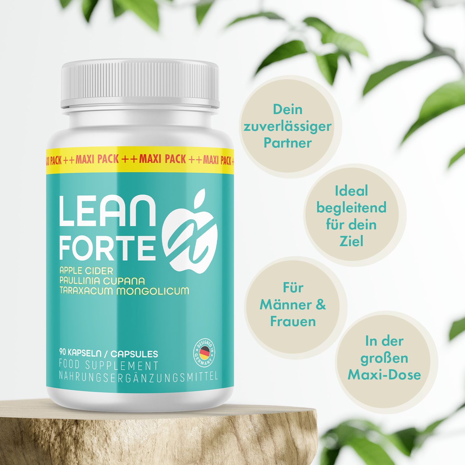 Produktflasche auf Holzsockel. Aufschrift: LEAN FORTE, Apfel-Logo. Text: Dein zuverlässiger Partner, Ideal begleitend für dein Ziel.