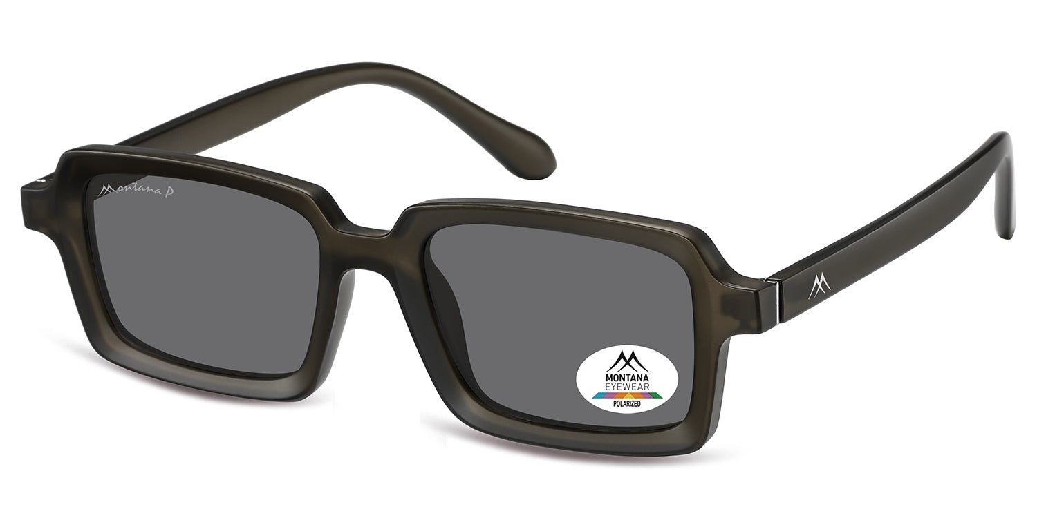 Dunkelgraue Sonnenbrille, quadratische Gläser. Montana Eyewear Logo und Polarized-Aufkleber. Bügel mit Logo.