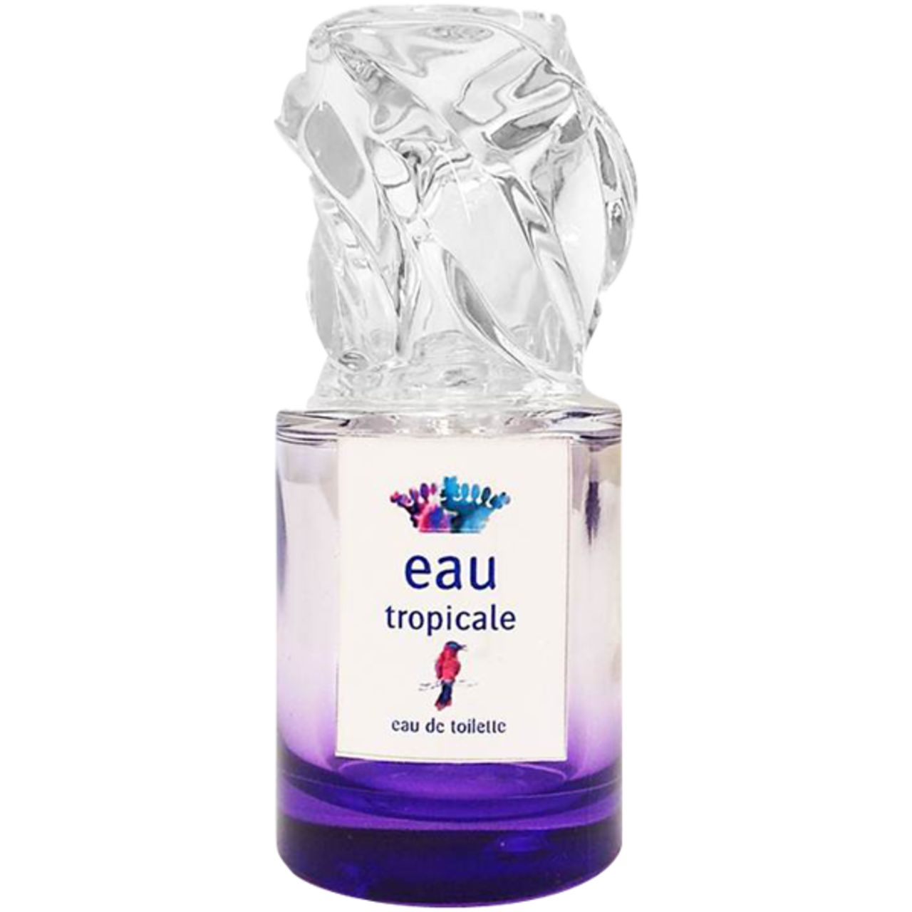 Parfümflakon mit transparentem Deckel. Auf dem Etikett: "eau tropicale" und ein Vogel. Violett-blauer Farbverlauf.