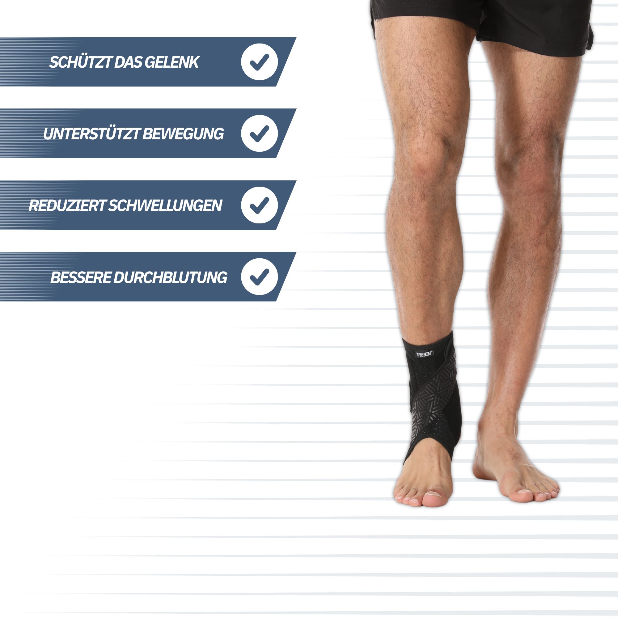 Schwarze Knöchelbandage schützt das Gelenk, unterstützt Bewegung, verbessert Durchblutung.