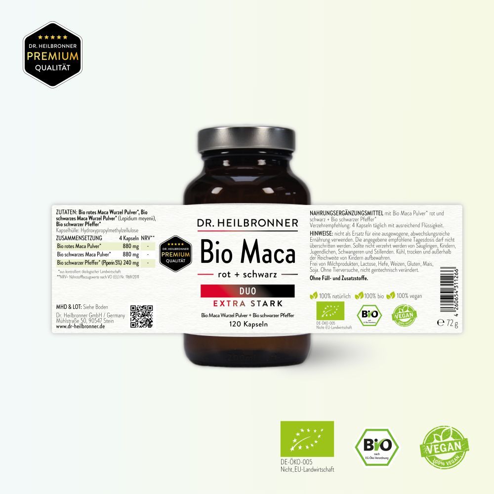 Braune Glasflasche mit silbernem Deckel. Etikett "Bio Maca Duo" und Inhaltsangaben. 120 Kapseln. Bio-Siegel.