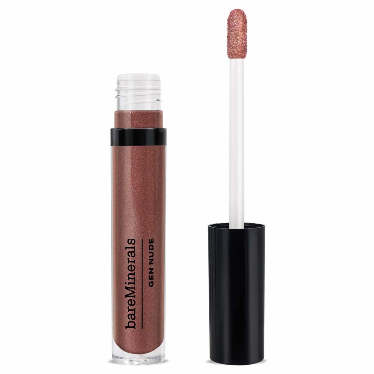 Lippenlack-Fläschchen mit geöffnetem Deckel und Applikator. Auf dem Fläschchen steht "bareMinerals GEN NUDE".
