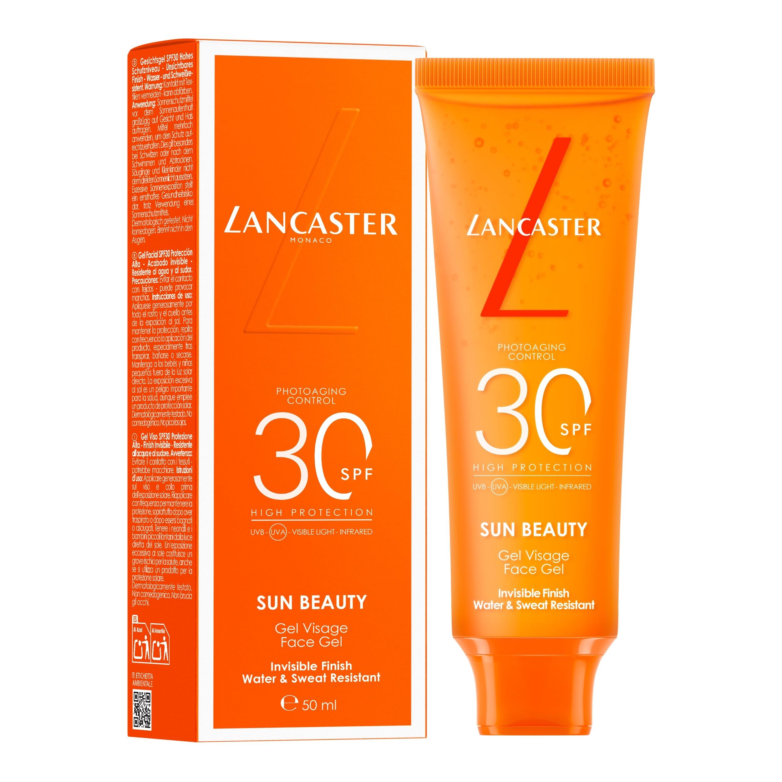 Sonnencreme-Tube und -Verpackung. Beschriftung: Lancaster, Sun Beauty, SPF 30, Gel Visage Face Gel.