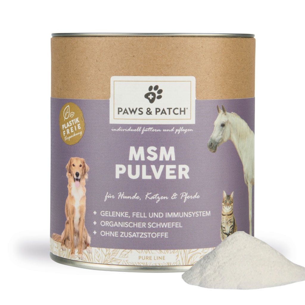 Dose mit MSM Pulver, Hunde, Katzen, Pferde. Aufdruck: PAWS & PATCH, MSM Pulver, Abbildungen von Hund, Pferd, Katze. Pulverhaufen.