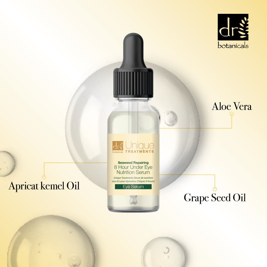 Serumflasche mit Pipette. Aufschrift: Seaweed Repairing 8 Hour Under Eye Nutrition Serum. Mit Aloe Vera, Aprikosenkernöl, Traubenkernöl.