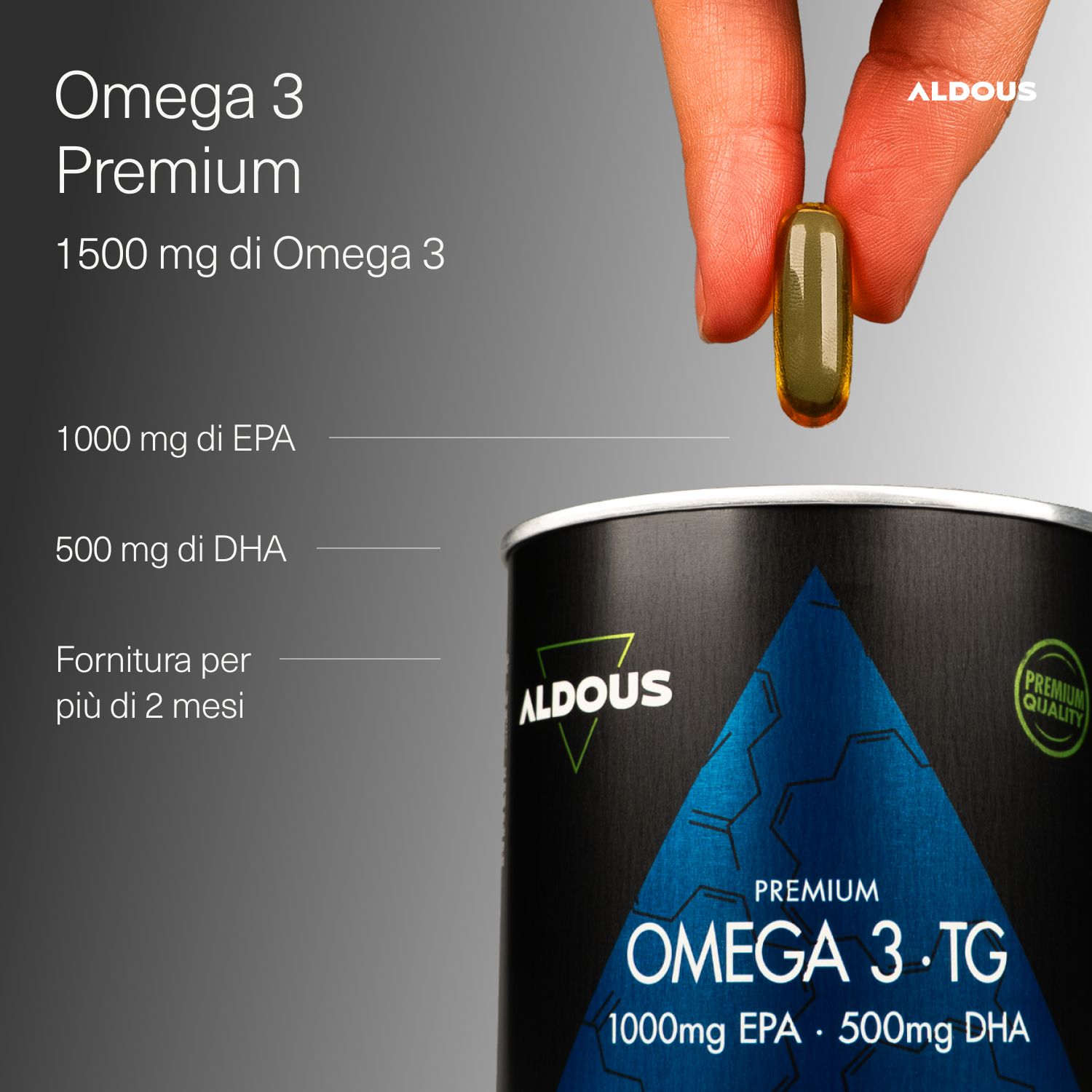 Aldous Omega 3 Premium: Kapsel, Dose, 1000mg EPA, 500mg DHA.