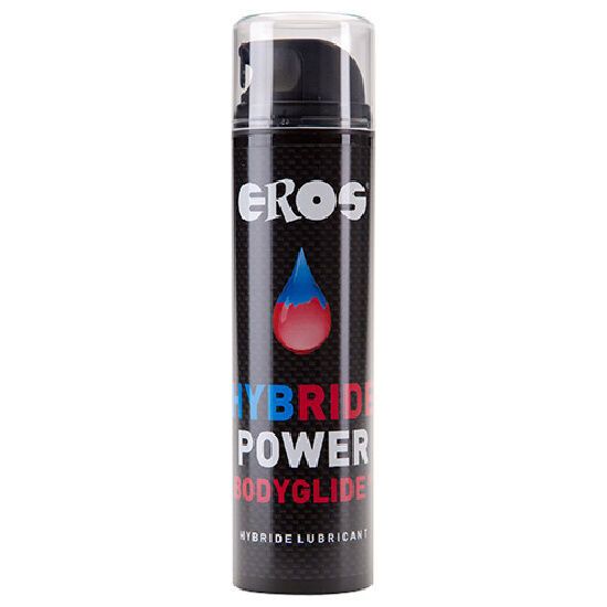 Schwarze Flasche mit "EROS"-Logo, blaue und rote Tropfen-Grafik, "HYBRIDE POWER BODYGLIDE"-Text. Transparenter Deckel.